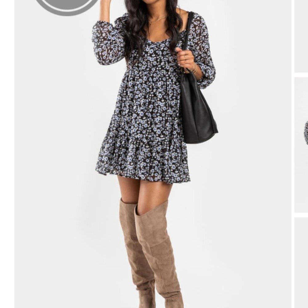 NWT! Floral Long Sleeve Black and White Mini Dress - Picture 3 of 6